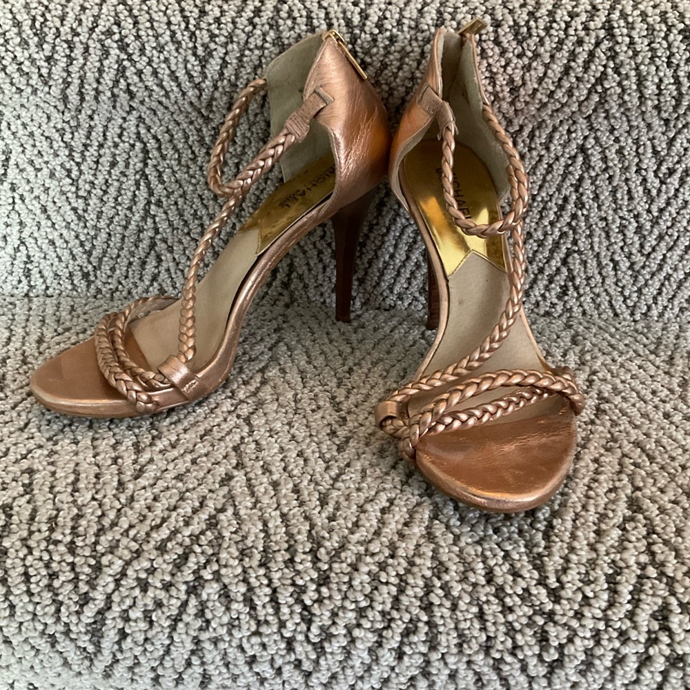 Michael Kors Rose Gold Braided Strappy Heeled Sandals